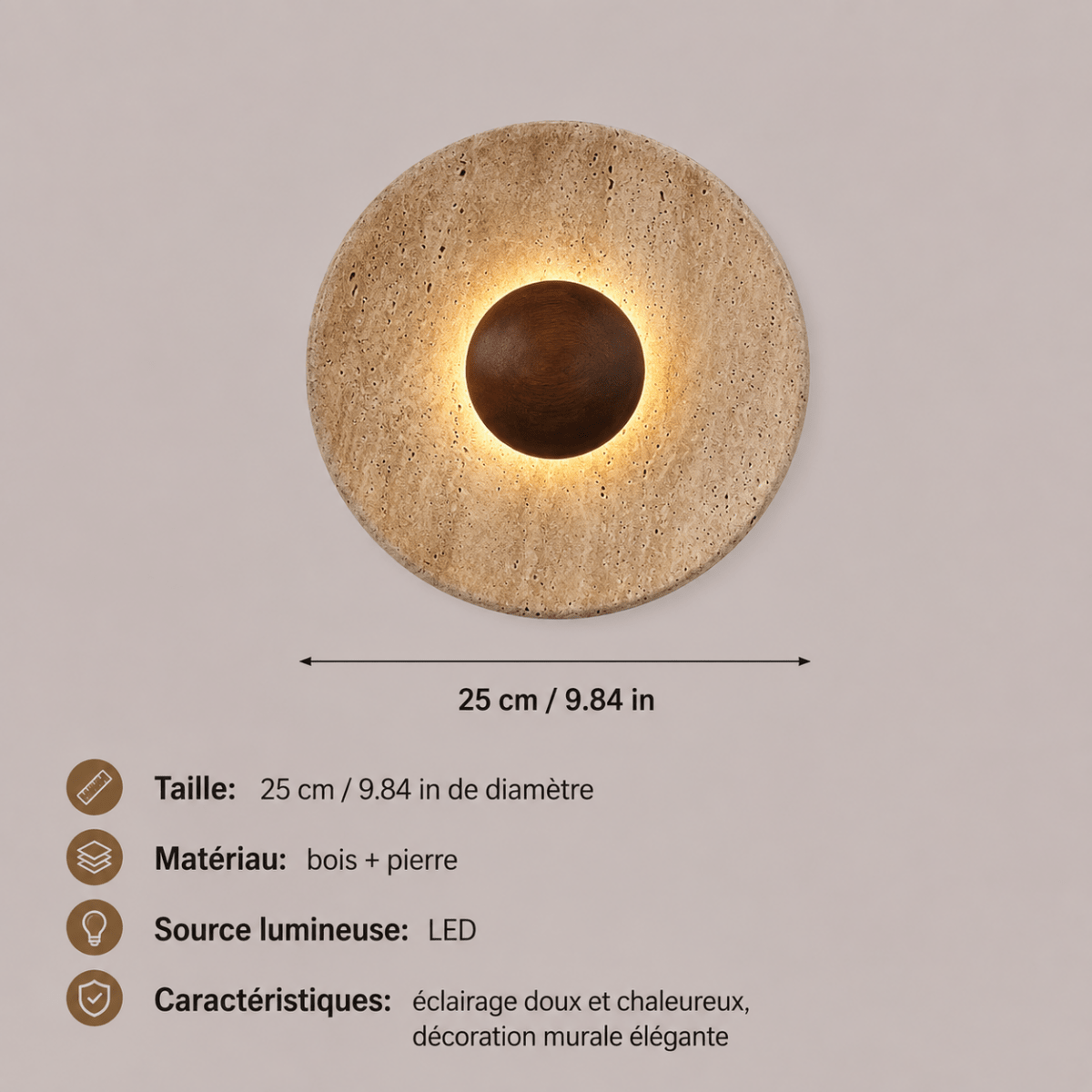Travertine & Solid Wood Disc Wall Sconce — Wabi-Sabi Style | TIVOLI™