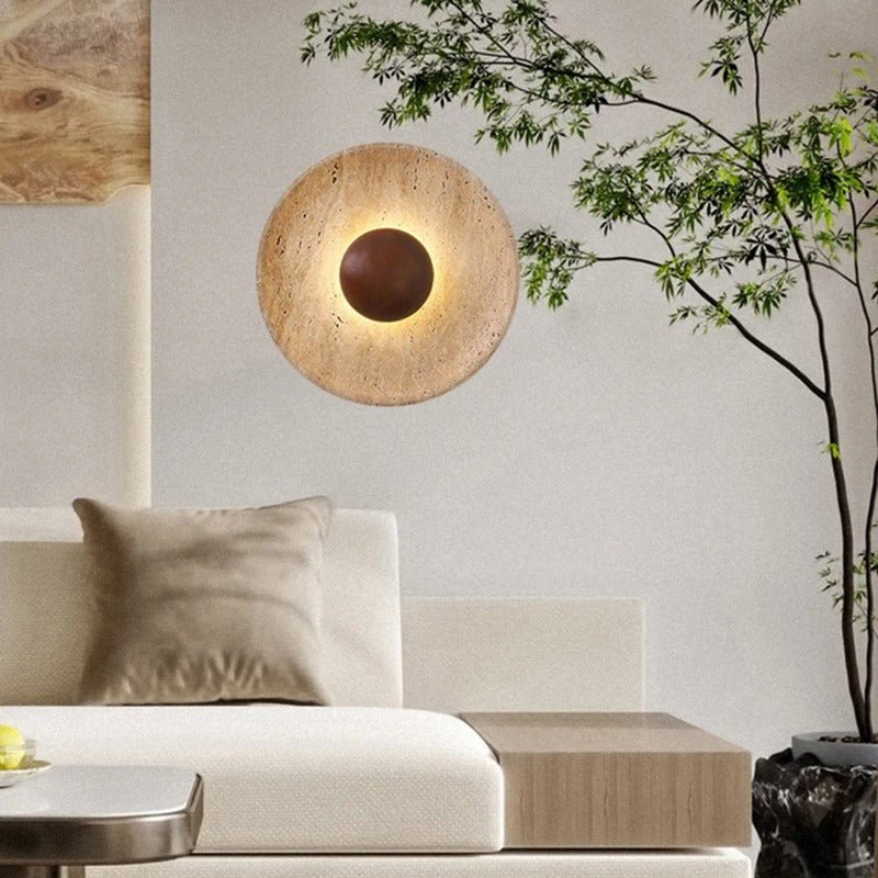 Travertine & Solid Wood Disc Wall Sconce — Wabi-Sabi Style | TIVOLI™