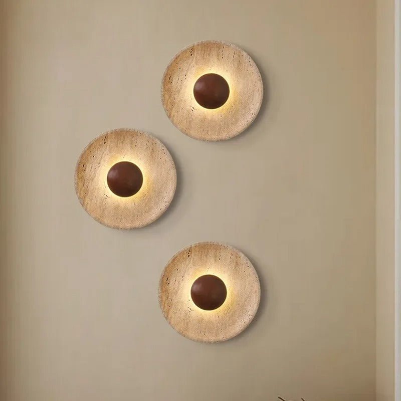 Travertine & Solid Wood Disc Wall Sconce — Wabi-Sabi Style | TIVOLI™
