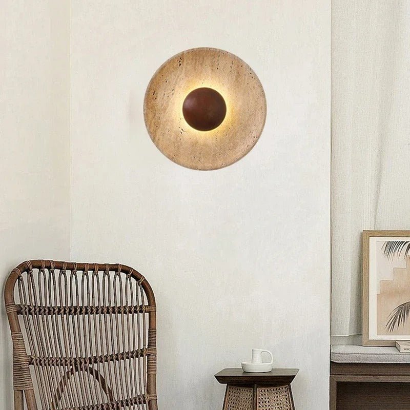 Travertine & Solid Wood Disc Wall Sconce — Wabi-Sabi Style | TIVOLI™