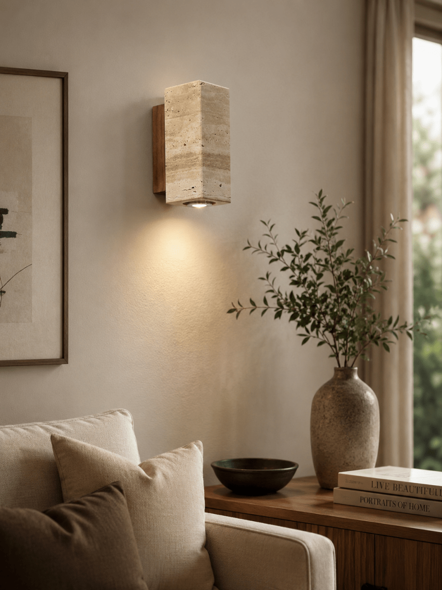 Yellow Marble Wabi-Sabi Wall Sconce — Japanese Travertine Style | SATORI™