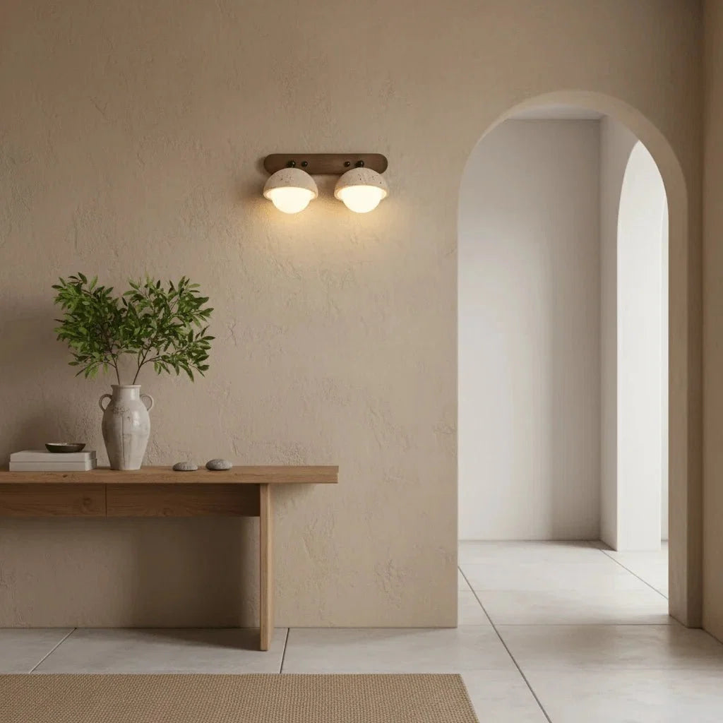 Stone & Solid Wood Adjustable Wall Sconce — Japanese Wabi-Sabi Bedside Style | GROTTE™
