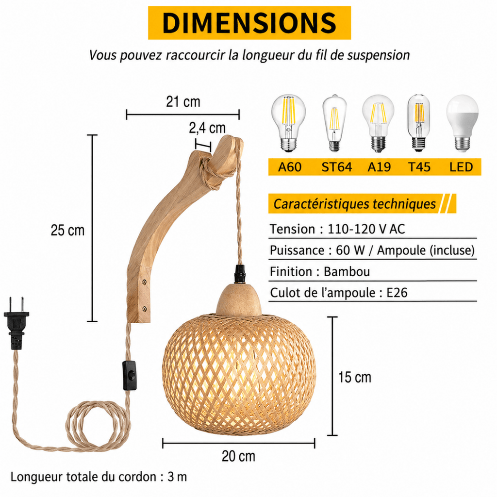 Woven Rattan Basket & Wood Arm Wall Sconce — Boho Style | KORA™