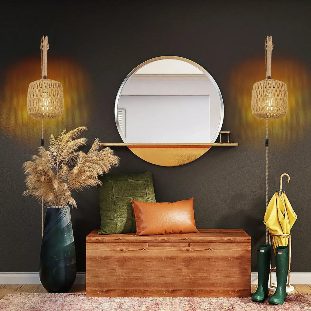 Woven Rattan Basket & Wood Arm Wall Sconce — Boho Style | KORA™