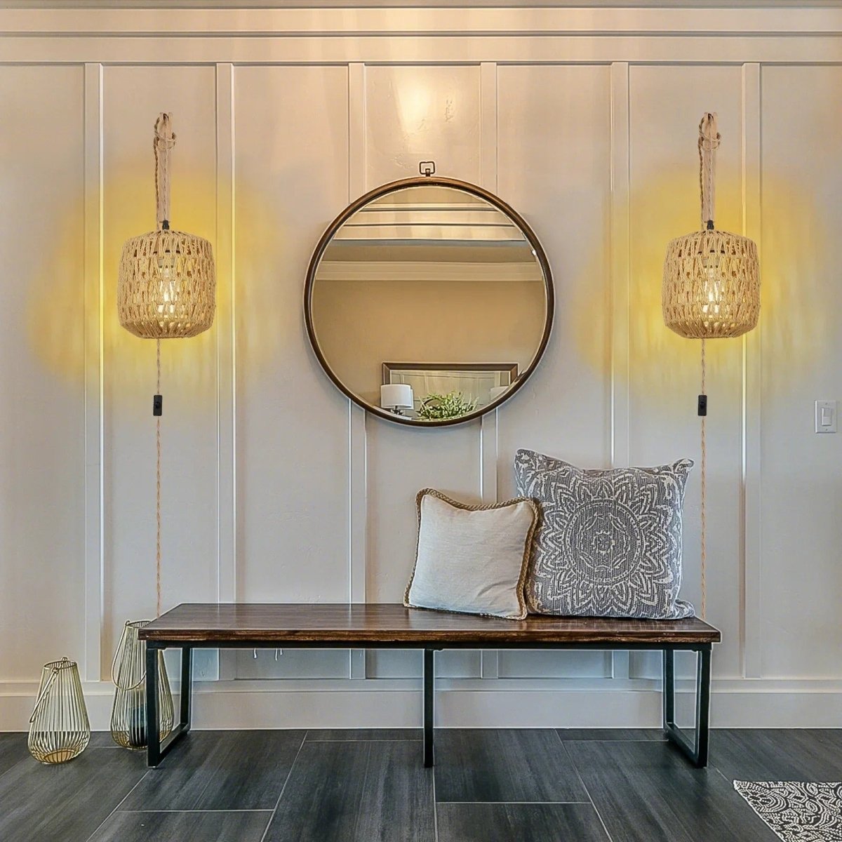 Woven Rattan Basket & Wood Arm Wall Sconce — Boho Style | KORA™
