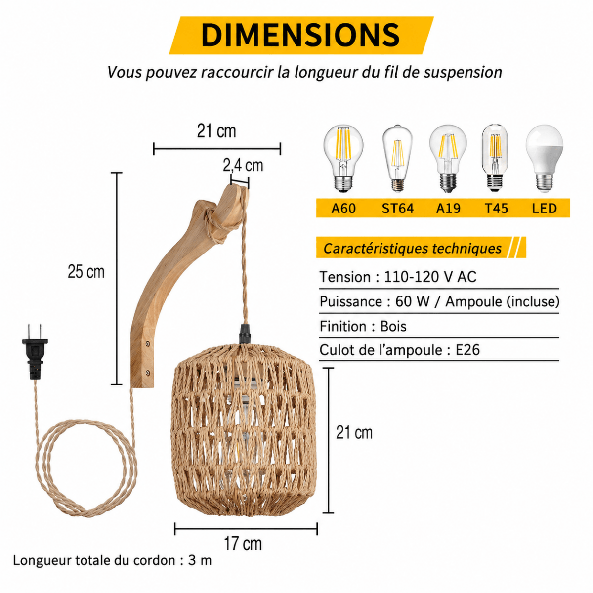Woven Rattan Basket & Wood Arm Wall Sconce — Boho Style | KORA™
