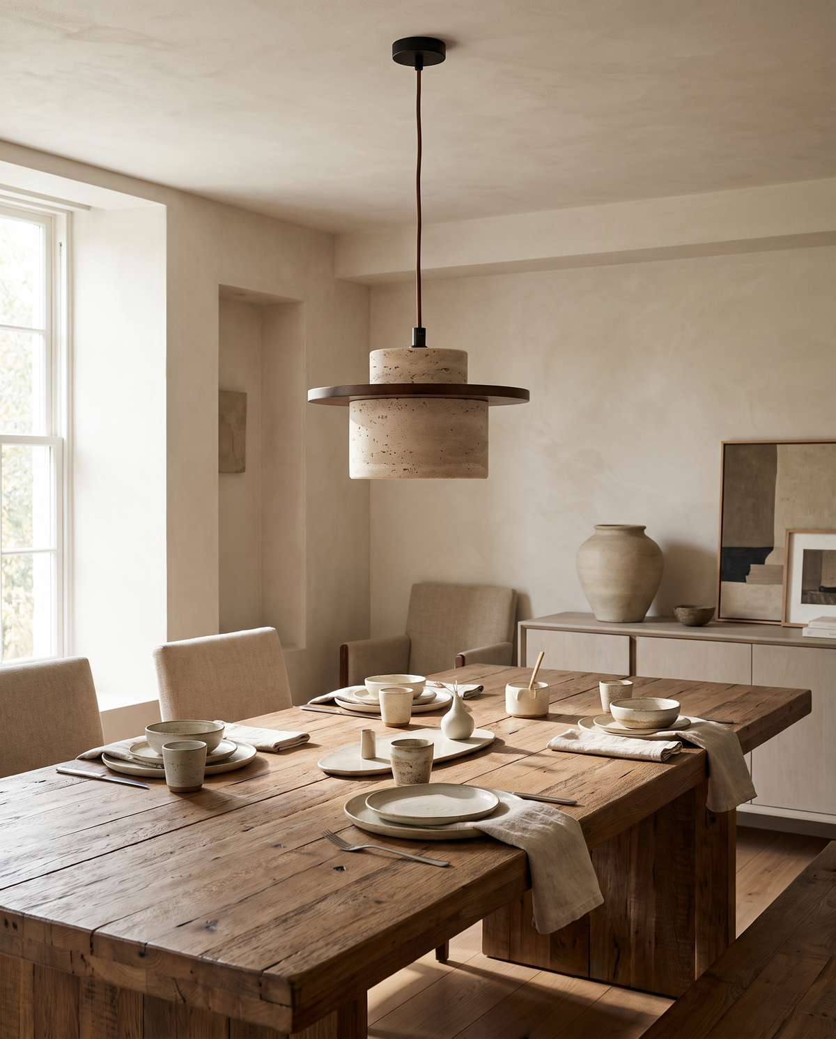 VesaLight lifestyle: Travertine & Wood Pendant Light – 1, 2 or 3 Lights, 2 Finishes | Avra in an elegant furnished room