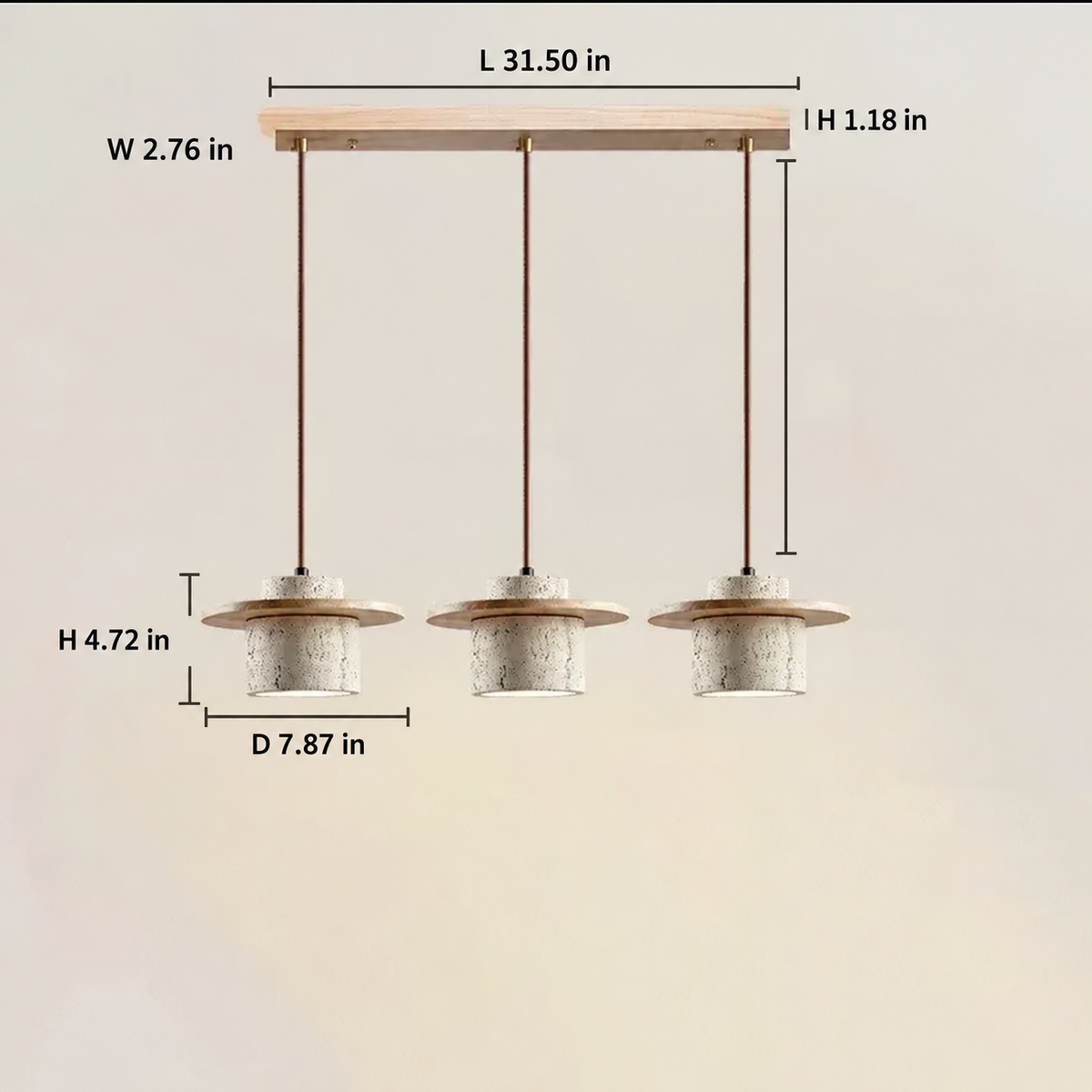 Avra natural wood travertine pendant light, 3-light configuration, with dimensions in inches