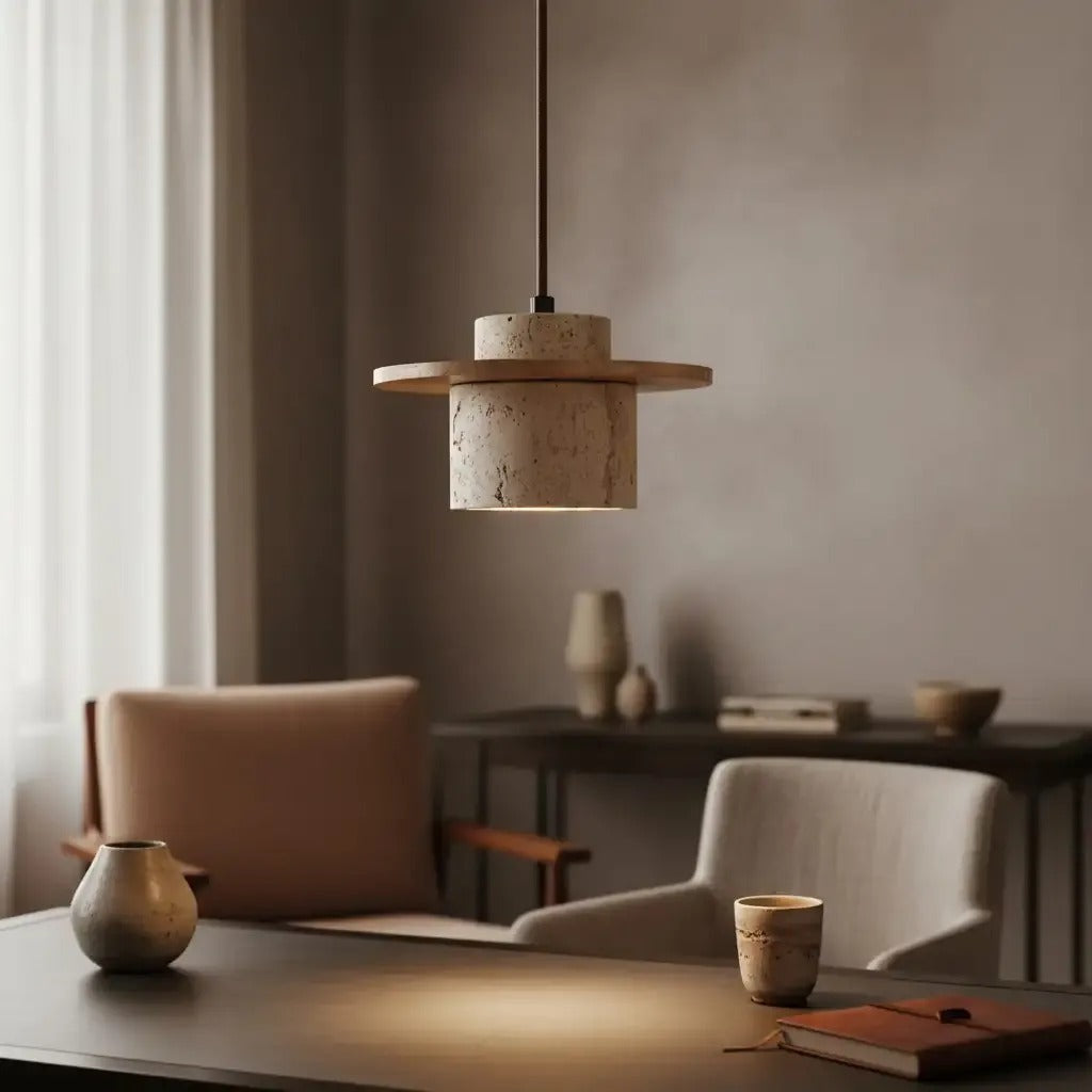 Avra travertine and natural wood pendant light over a desk in a calm study