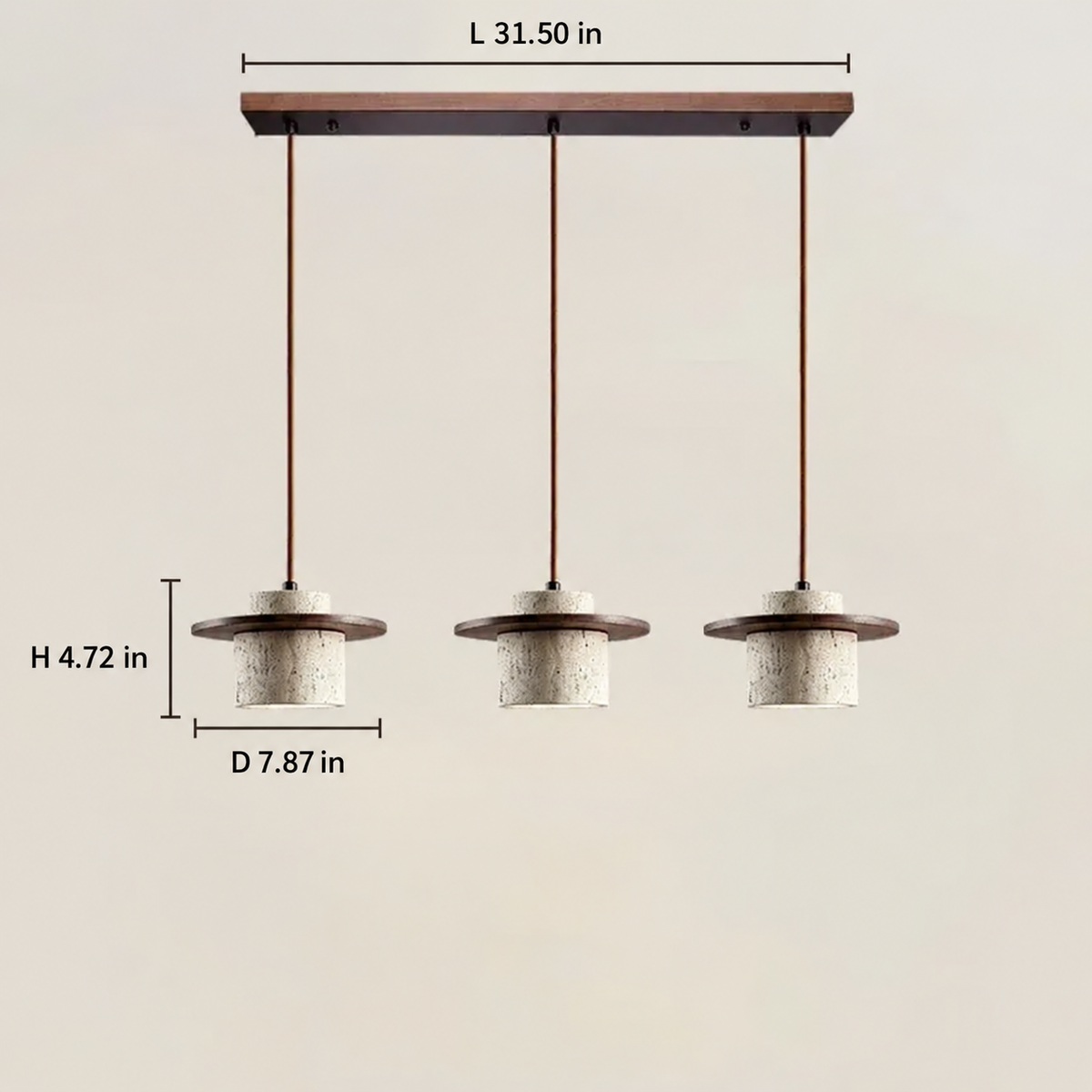 Avra walnut finish travertine pendant light, 3-light configuration, with dimensions in inches