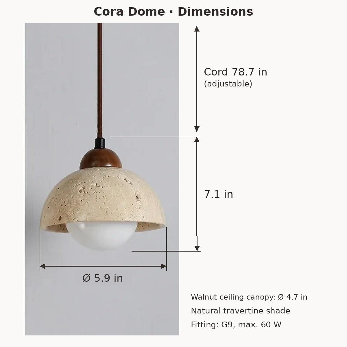 Cora dome pendant dimensions in inches: 5.9 in diameter, 7.1 in high, 78.7 in cord, 4.7 in canopy