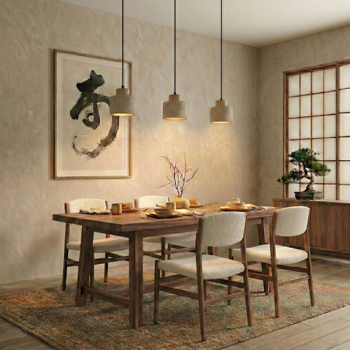 Cora travertine drum pendant lights above a wood dining table