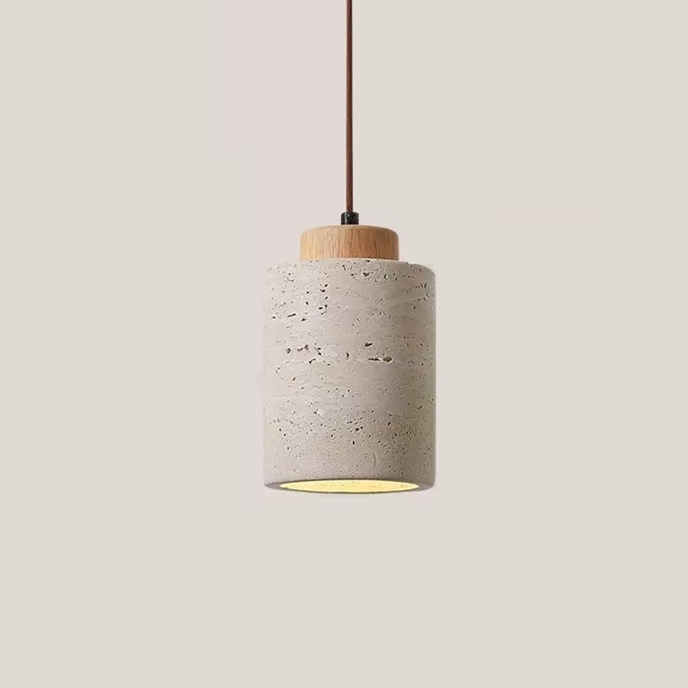Cora travertine cylinder pendant light with a light wood cap