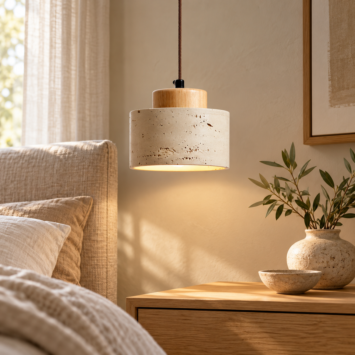 Cora travertine drum pendant light with a light wood cap above a nightstand