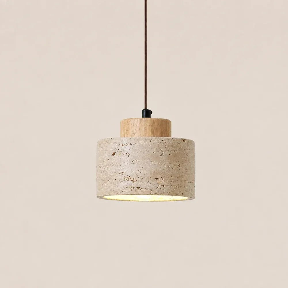 Cora travertine drum pendant light with a light wood cap
