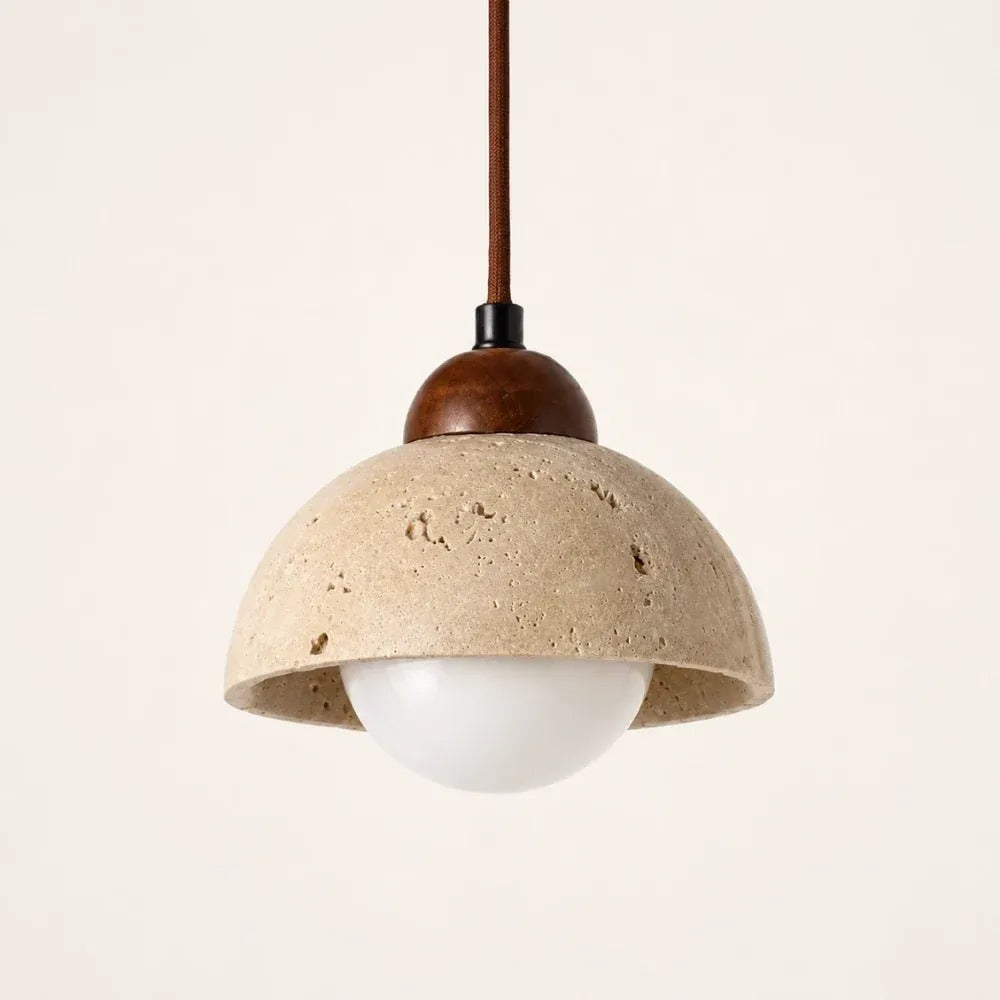 Cora travertine dome pendant light with a walnut cap and opal glass globe