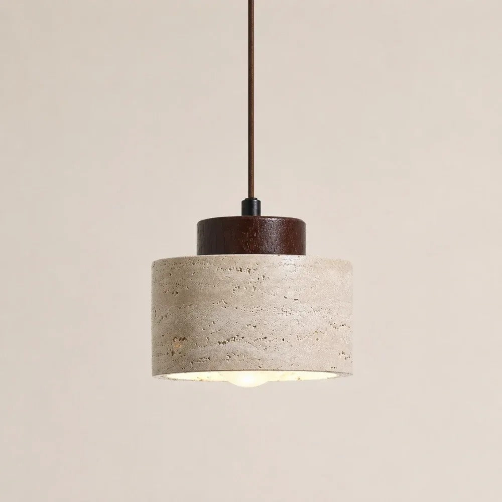 Cora travertine drum pendant light with a walnut cap