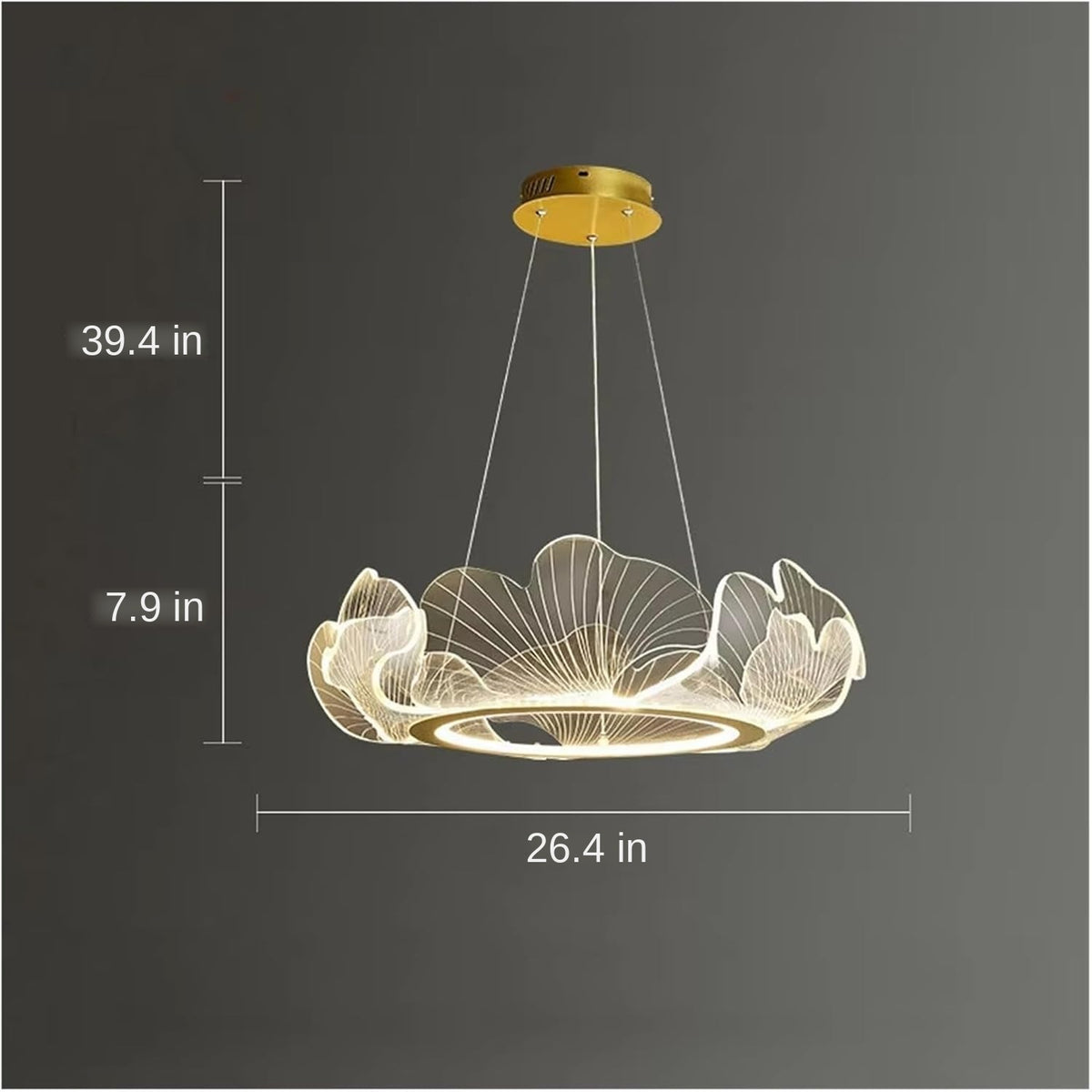 Elara ginkgo leaf ring chandelier dimensions: 26.4 inch diameter, 7.9 inch height, 39.4 inch suspension