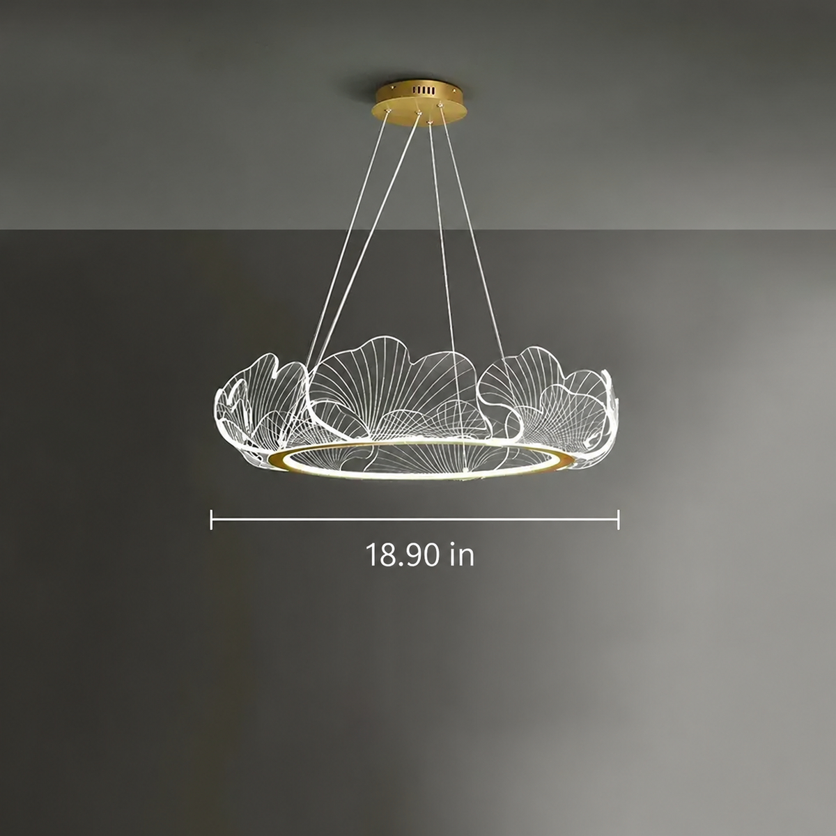 Elara small ginkgo leaf ring chandelier dimensions showing an 18.90-inch diameter