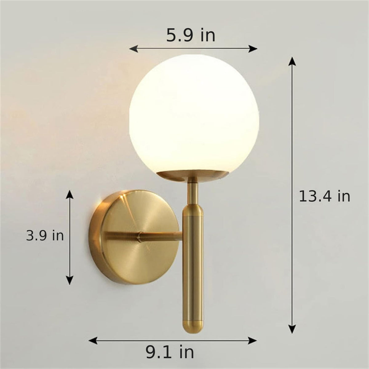 Elio wall sconce dimensions: 13.4 in high, 9.1 in deep, 5.9 in globe, 3.9 in wall plate