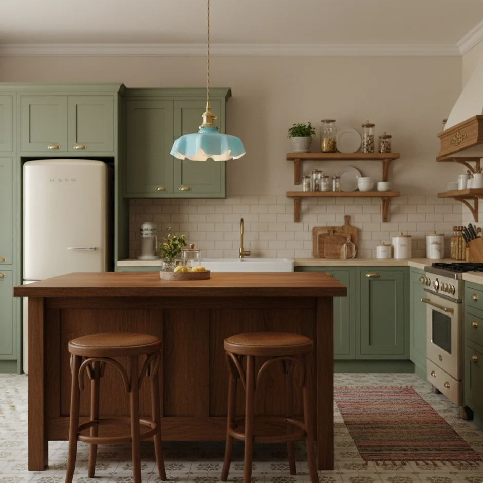 Blue glass pendant above a kitchen counter