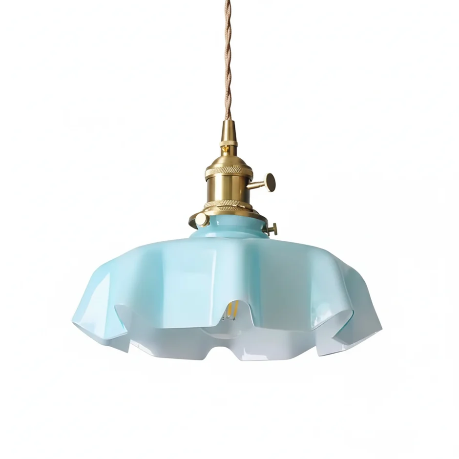 Blue scalloped glass pendant light with brass-finish socket