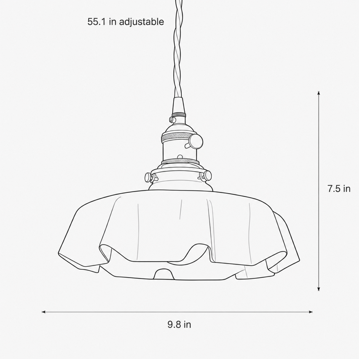 Fleur pendant dimensions: 9.8 inch diameter, 7.5 inch fixture height and 55.1 inch adjustable cord