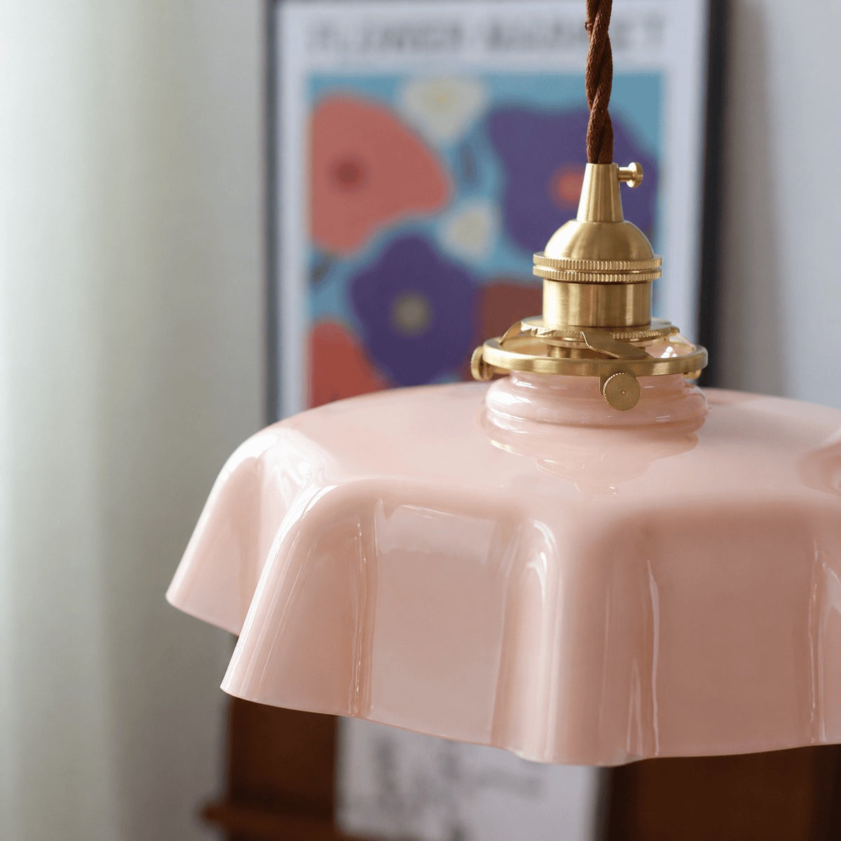 Fleur scalloped glass pendant light in pink with brass socket