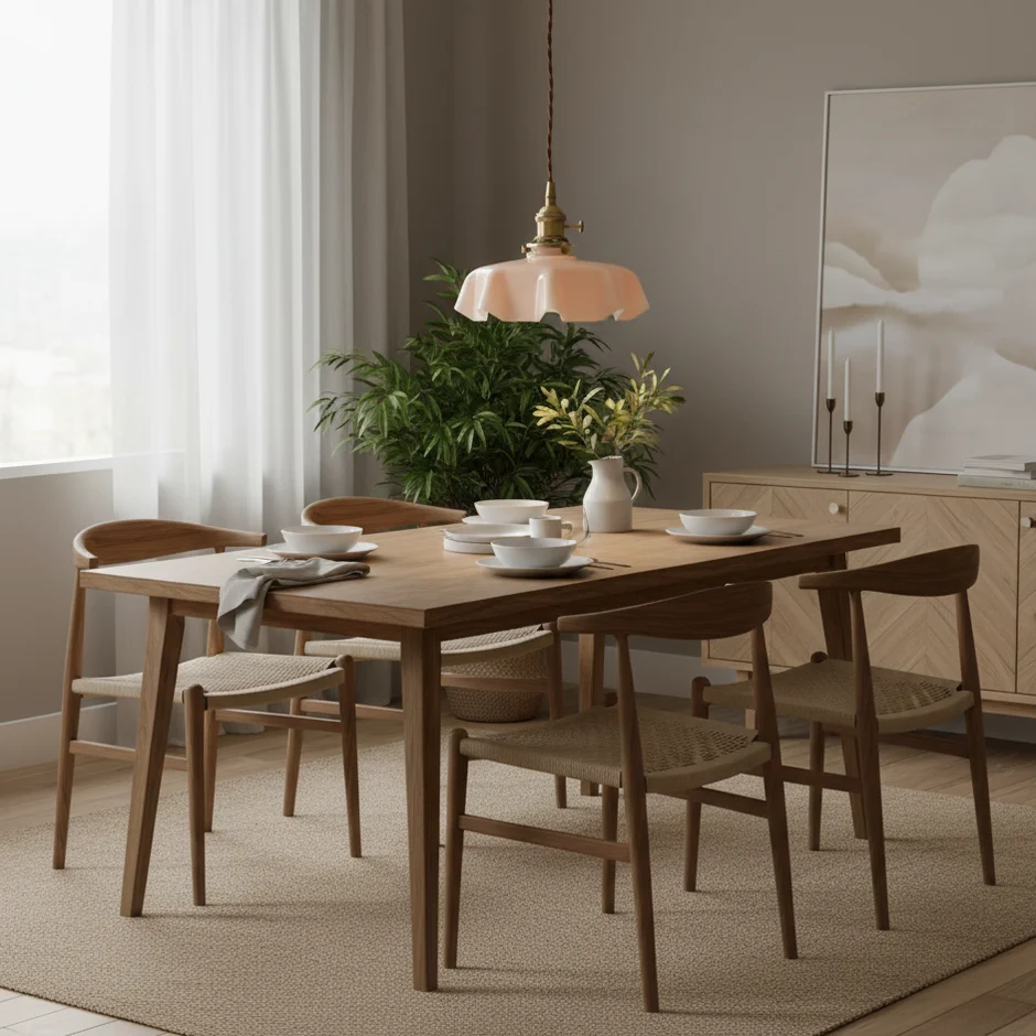 Pink glass pendant above a wooden dining table