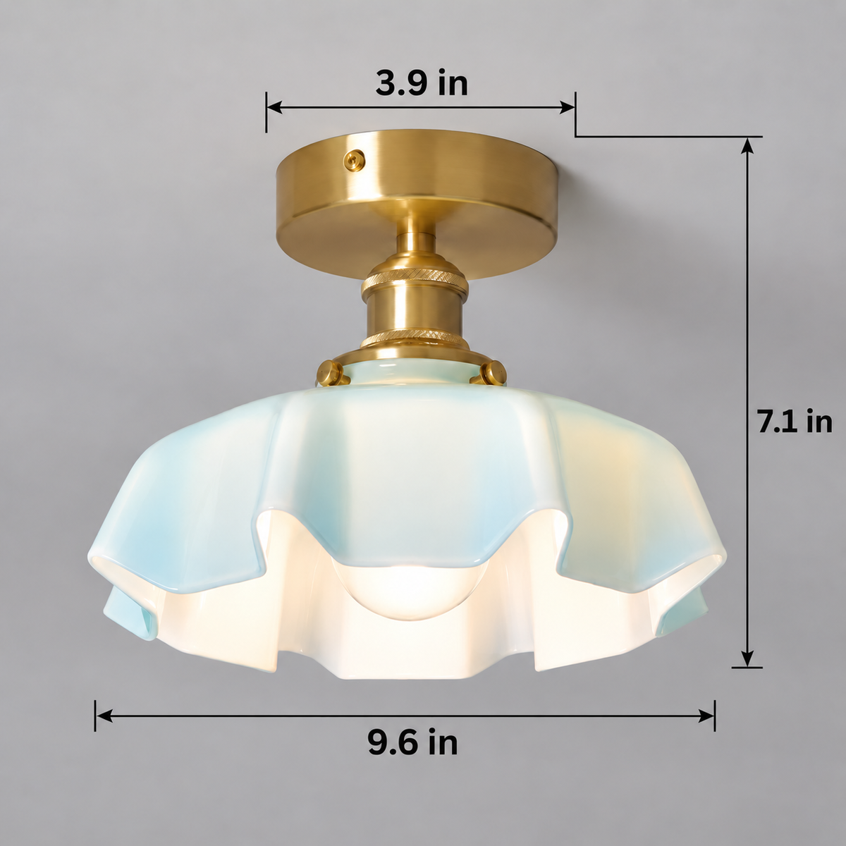 Fleur ceiling light dimensions: 9.6 inch diameter, 7.1 inch total height and 3.9 inch canopy