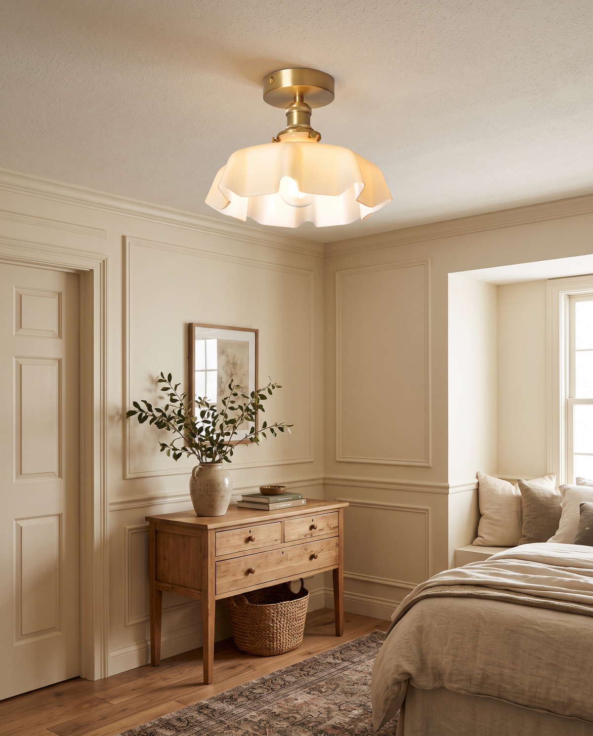 Lifestyle concept: Fleur cream scalloped glass semi-flush ceiling light in a warm bedroom interior