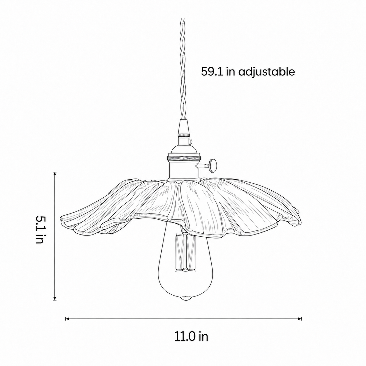 Flora pendant dimensions: 11.0 inch diameter, 5.1 inch height and 59.1 inch adjustable cord