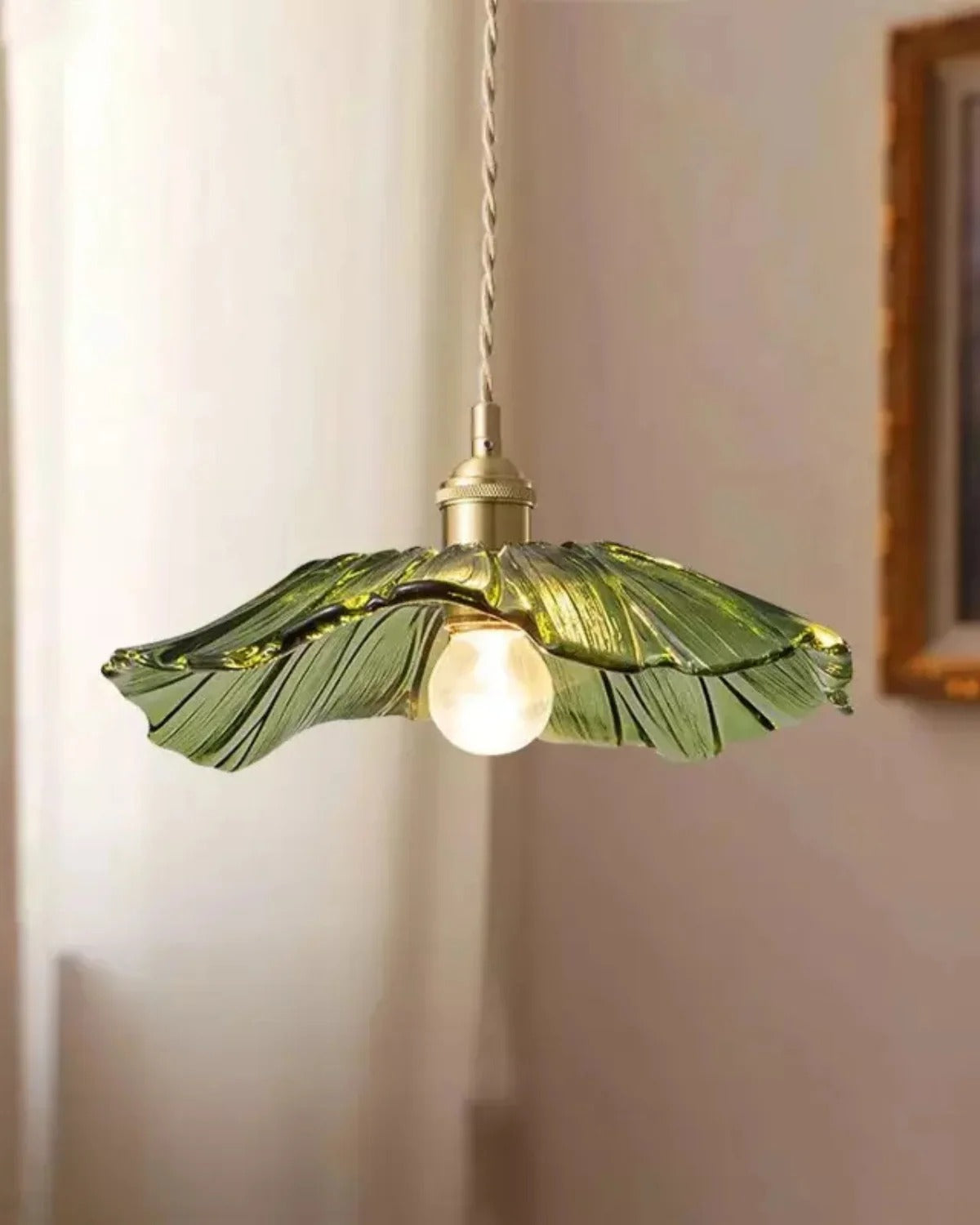 Flora green flower glass pendant light, lit