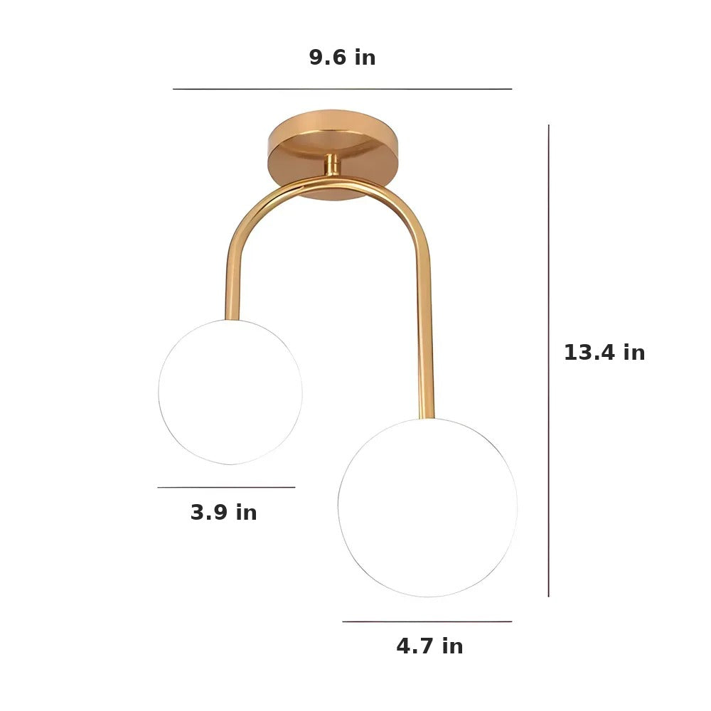 Gemma ceiling light dimensions in inches: 9.6 in wide, 13.4 in high, globes 3.9 in and 4.7 in