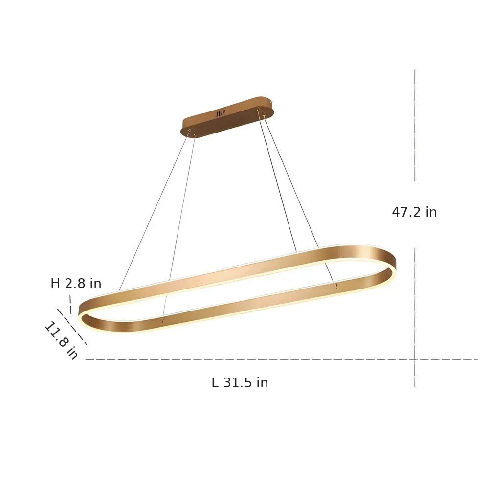Halo oval LED pendant dimensions: 31.5 in long, 11.8 in wide, 2.8 in high, wires up to 47.2 in