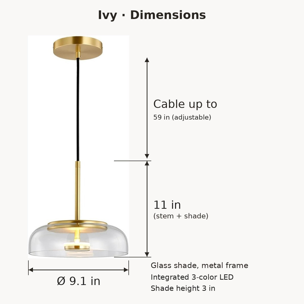 Ivy glass bowl pendant light dimensions in inches: 9.1 in wide, 11 in high, cable up to 59 in