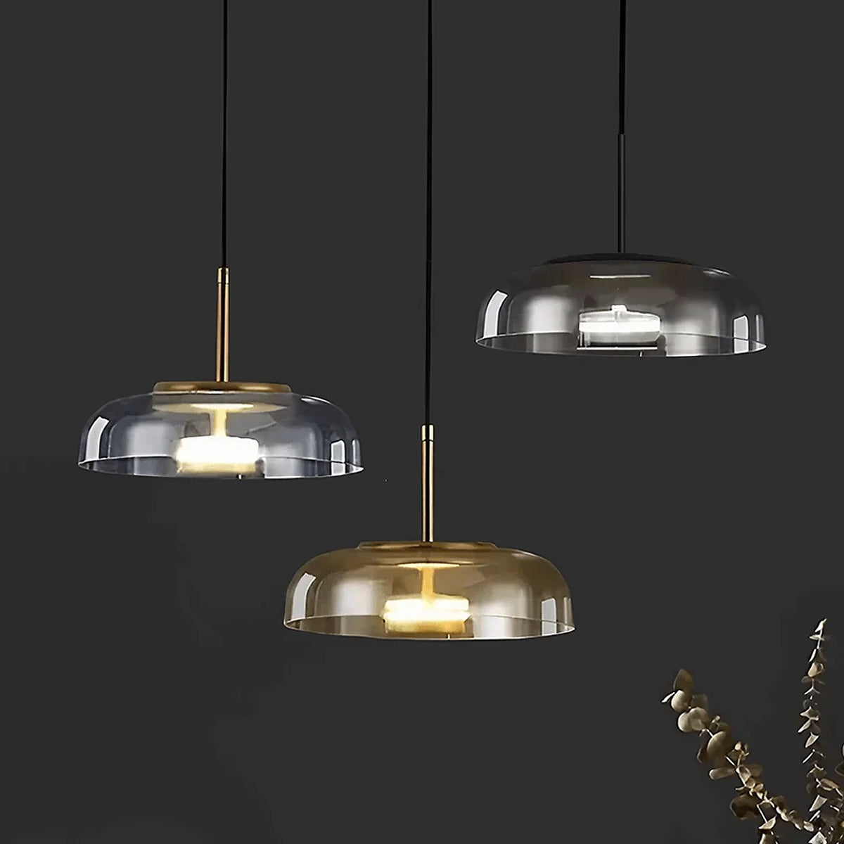 Ivy glass LED pendant lights in clear, amber and smoke grey