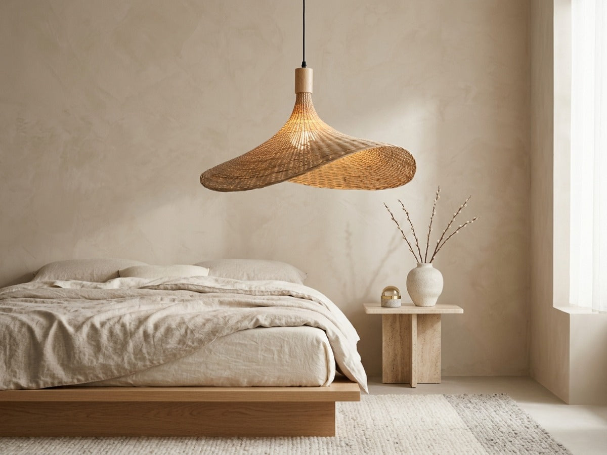 Kasa woven bamboo hat pendant light in a calm neutral bedroom