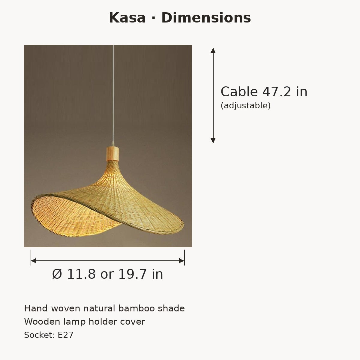 Kasa pendant dimensions in inches: 11.8 or 19.7 in diameter, 47.2 in adjustable cable, E27 socket