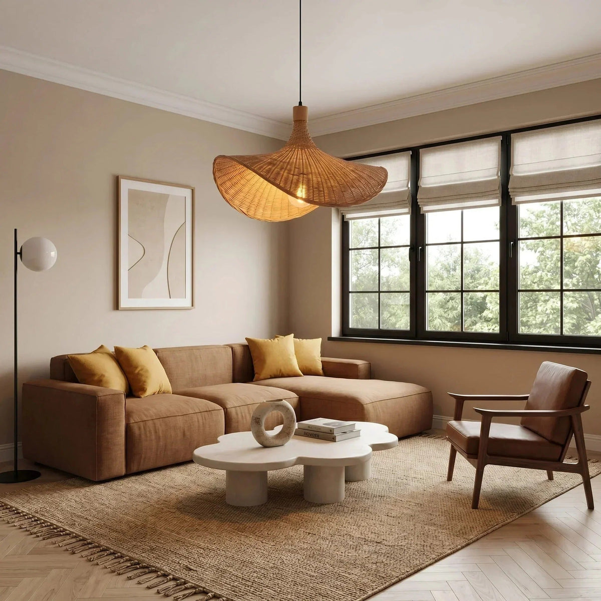 Kasa bamboo hat pendant light over a living room with a brown sofa and round coffee table