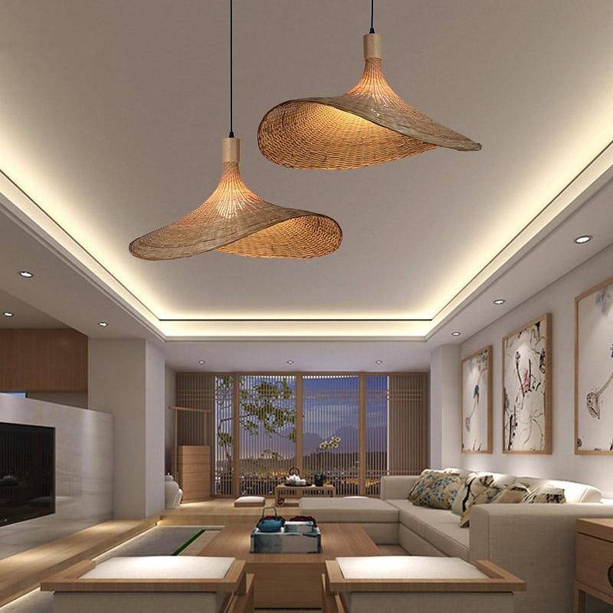 Two Kasa woven bamboo hat pendant lights at different heights in a modern living room