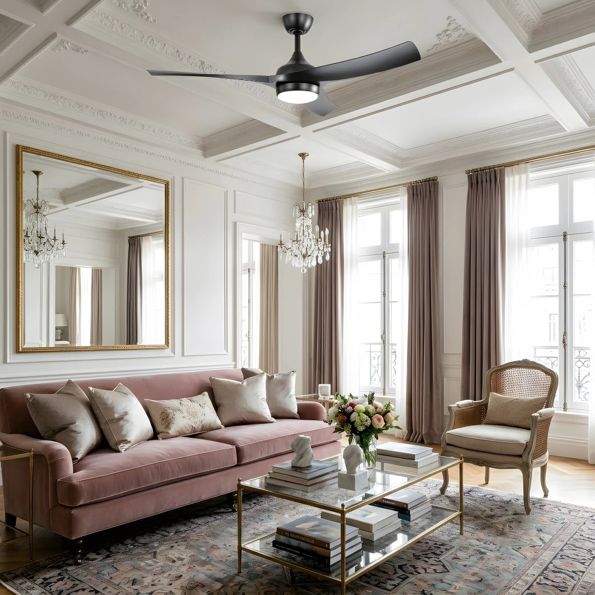 Kestrel black ceiling fan in a classic living room with molded ceiling