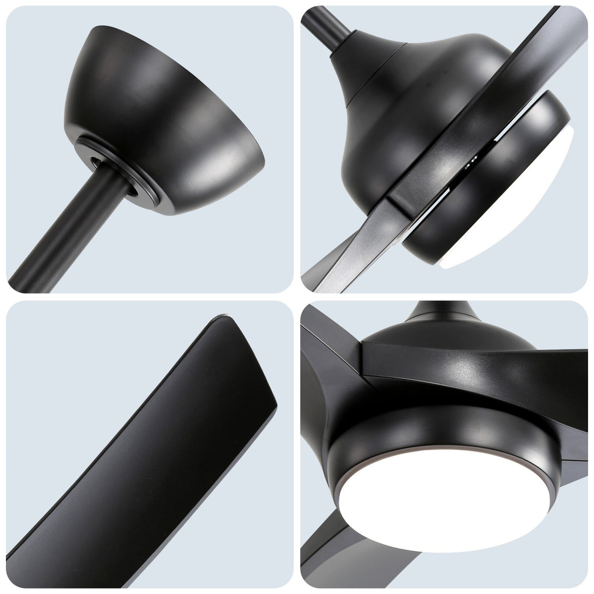Kestrel ceiling fan details: canopy, motor housing, black blade and LED light