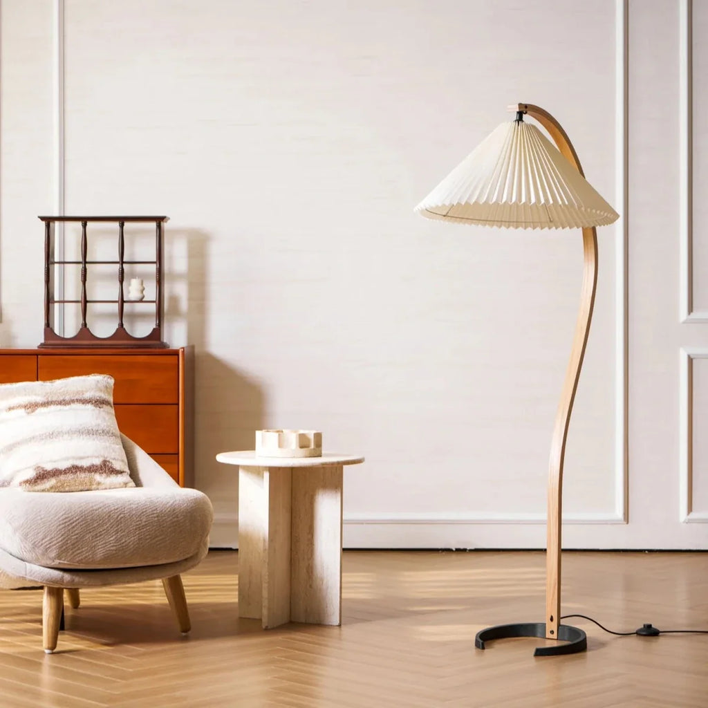 Arched Wood & Pleated Shade Floor Lamp — Scandinavian Style | ARCADE™