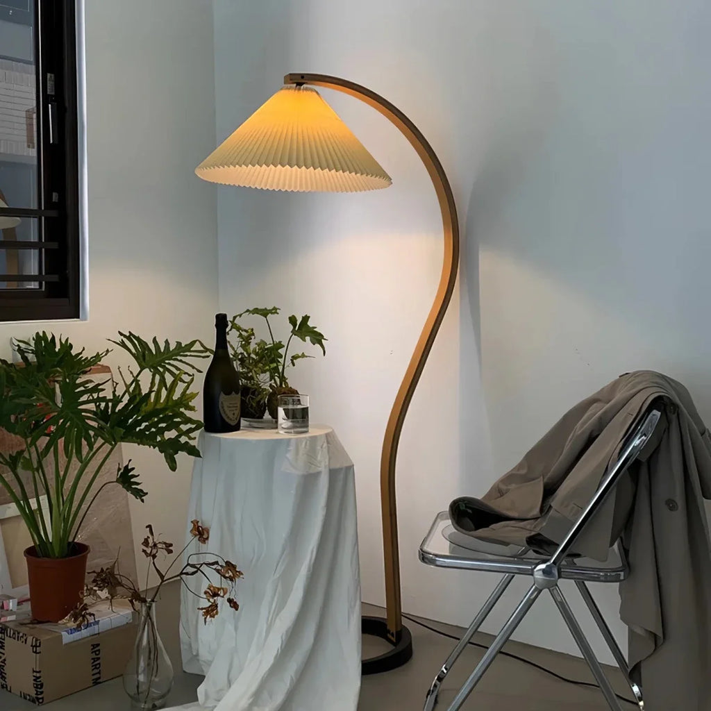 Arched Wood & Pleated Shade Floor Lamp — Scandinavian Style | ARCADE™