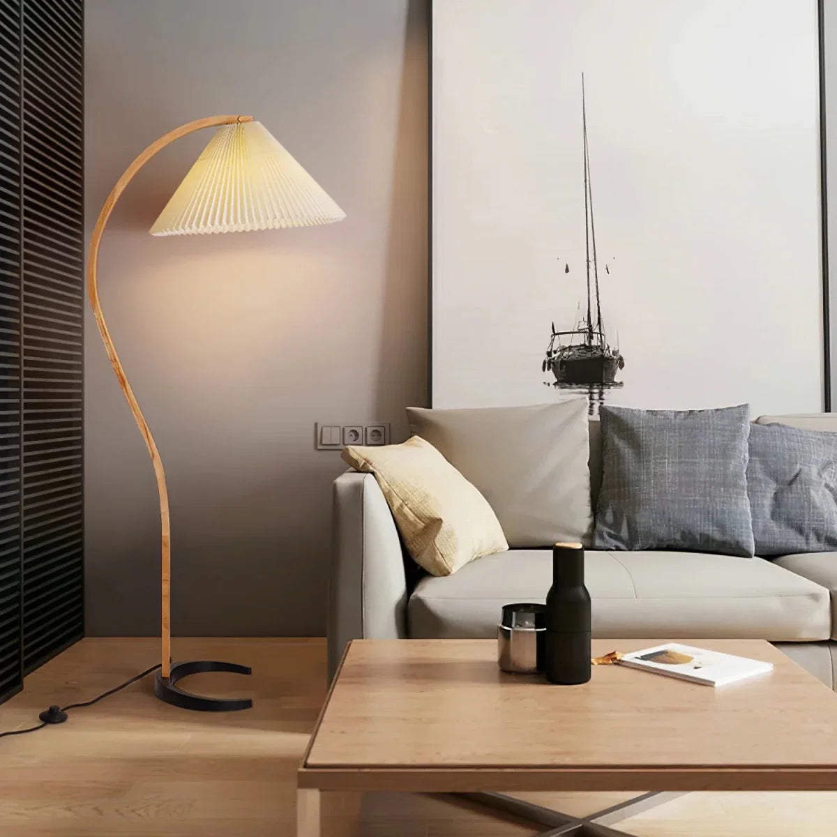 Arched Wood & Pleated Shade Floor Lamp — Scandinavian Style | ARCADE™