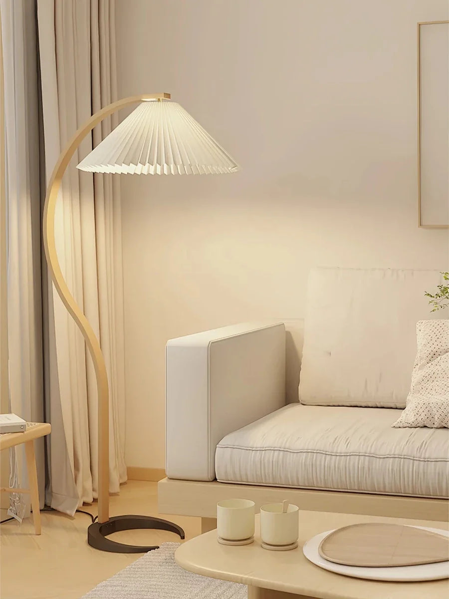 Arched Wood & Pleated Shade Floor Lamp — Scandinavian Style | ARCADE™