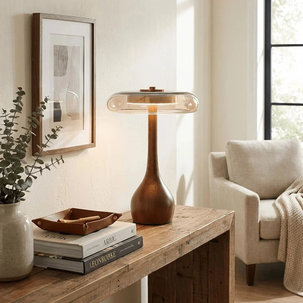 Walnut Wood & Amber Glass Dome Table Lamp — French Retro Style | CALICE™