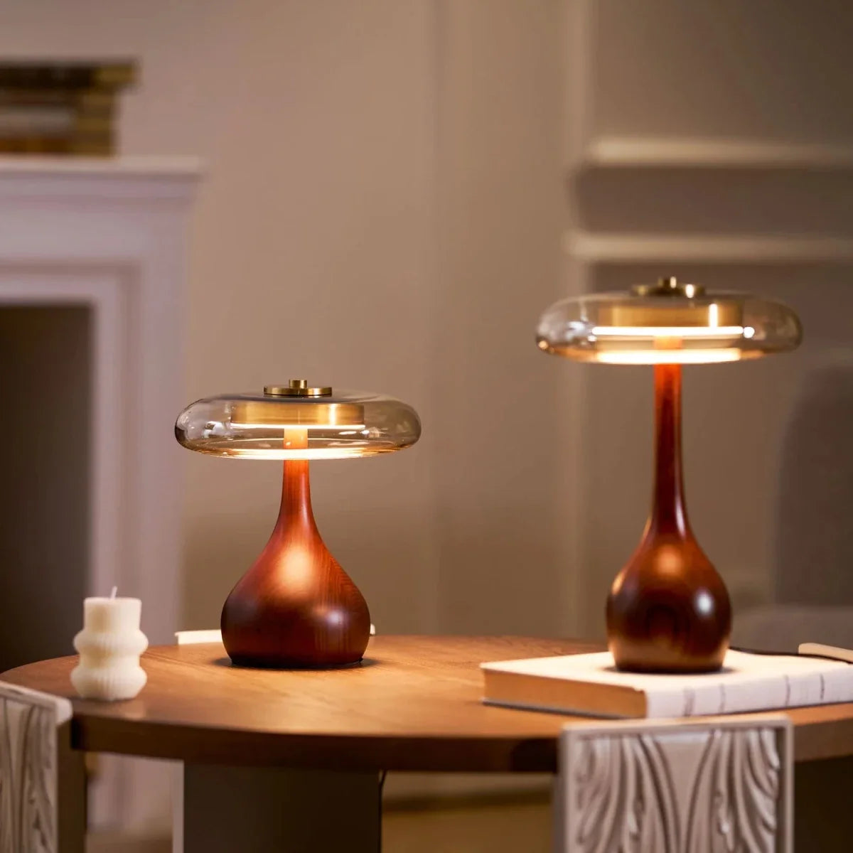Walnut Wood & Amber Glass Dome Table Lamp — French Retro Style | CALICE™