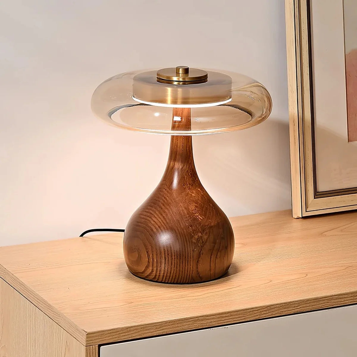 Walnut Wood & Amber Glass Dome Table Lamp — French Retro Style | CALICE™